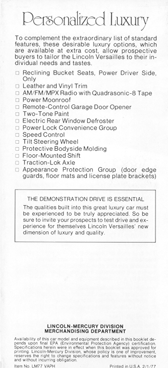 1977 Lincoln Versailles Brochure Page 5